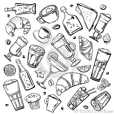 Vector outline hand drawn sketch illustration with different cocktails, coffee drinks, sandwiches, food and alcohol bottles Vector Illustration